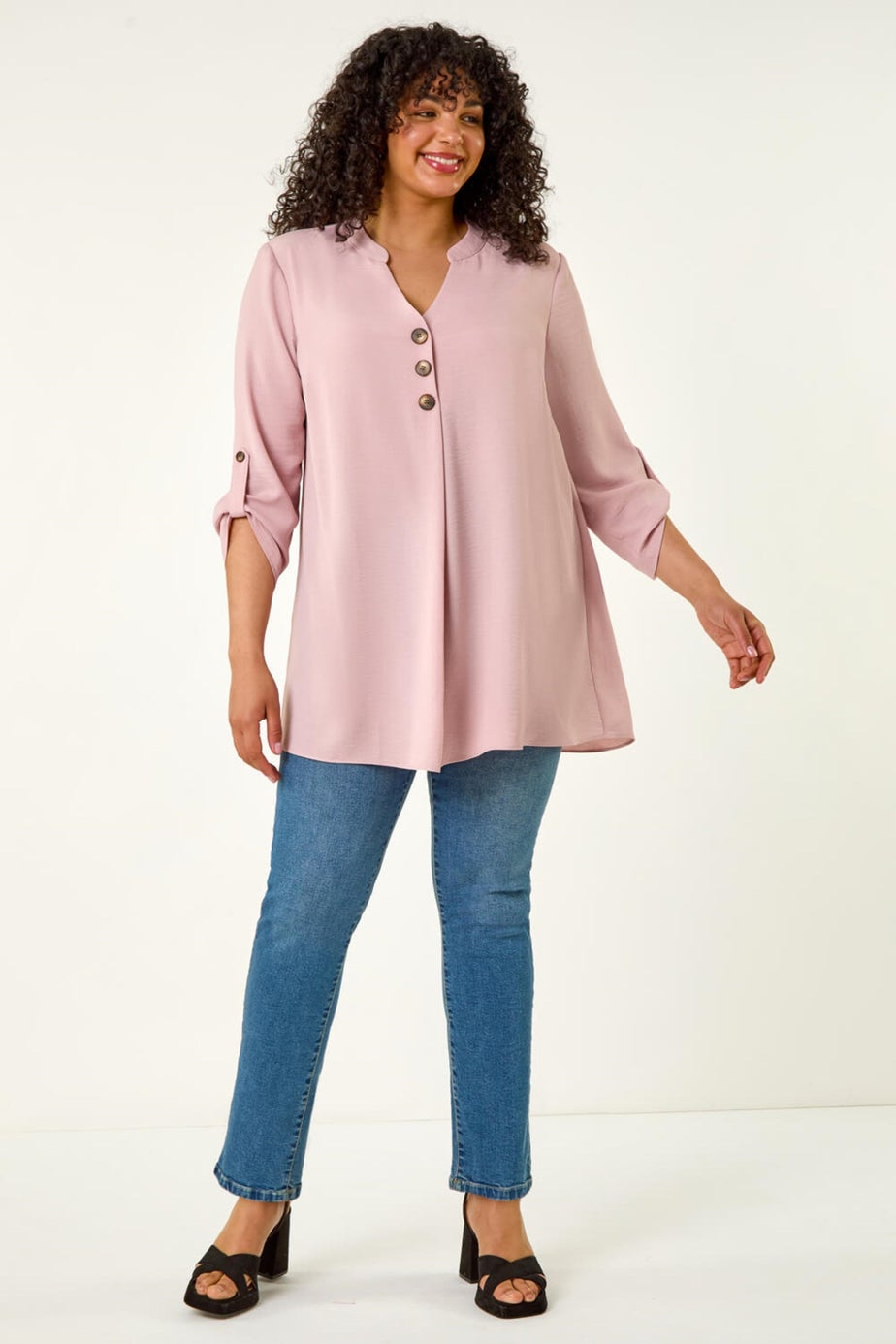 Roman Rose Curve Textured Buttoned Tunic Top