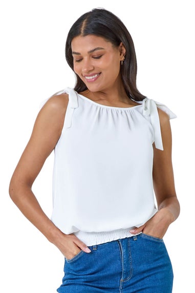 Roman Ivory Bow Detail Shirred Hem Top