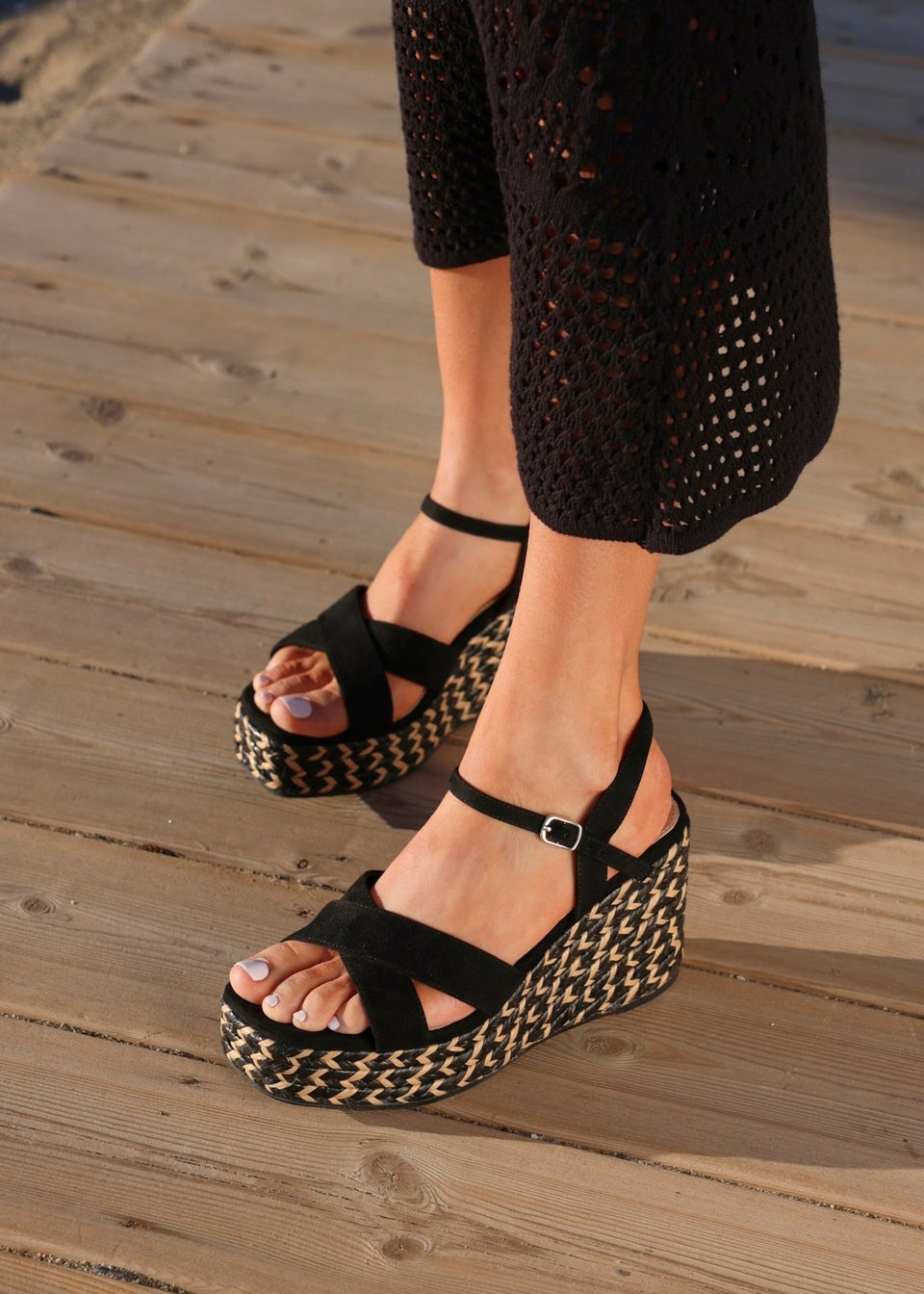 Linzi Leonie Black Faux Suede Braided Wedge