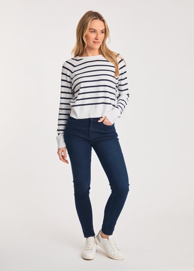 French Connection White Crew Neck Long Sleeve Striped Knit Jumper