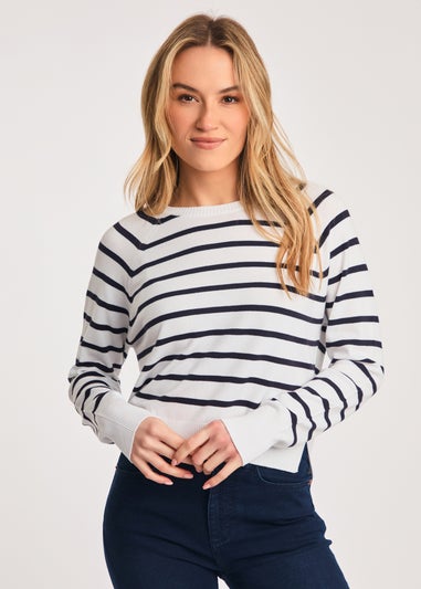 French Connection White Crew Neck Long Sleeve Striped Knit Jumper