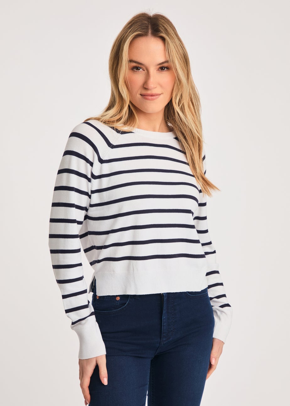 French Connection White Crew Neck Long Sleeve Striped Knit Jumper