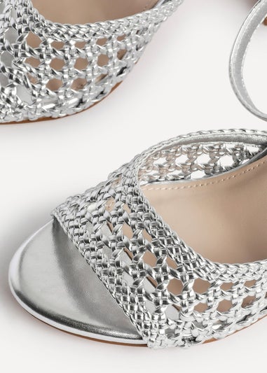 Linzi Bridget Silver Faux Leather Handwoven Block Heeled Sandal
