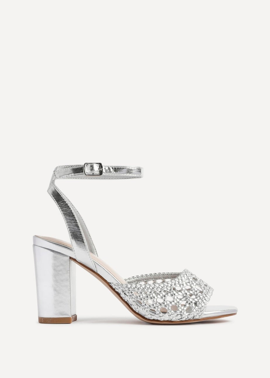 Linzi Bridget Silver Faux Leather Handwoven Block Heeled Sandal
