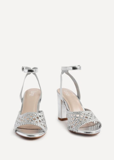 Linzi Bridget Silver Faux Leather Handwoven Block Heeled Sandal