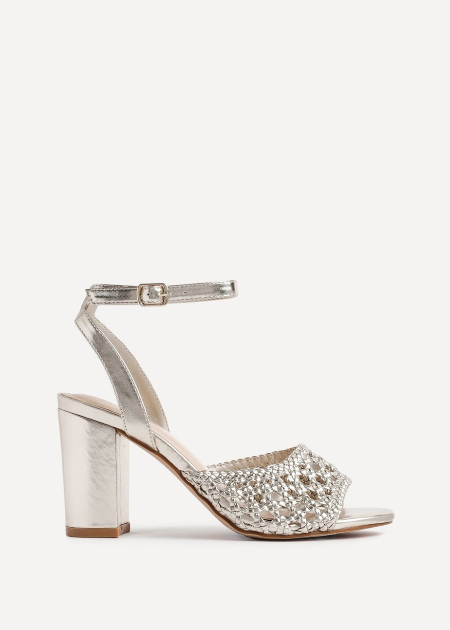 Linzi Bridget Gold Faux Leather Handwoven Block Heeled Sandals