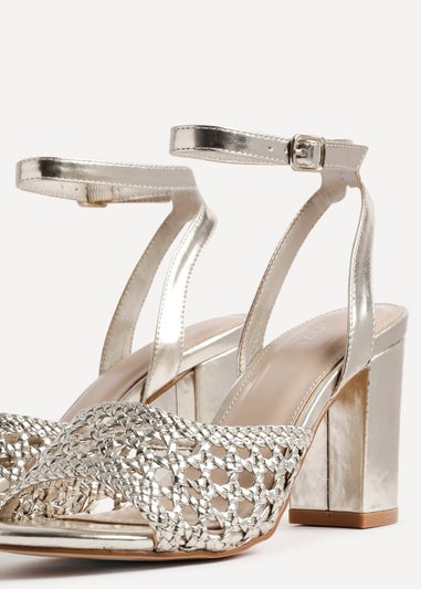Linzi Bridget Gold Faux Leather Handwoven Block Heeled Sandals