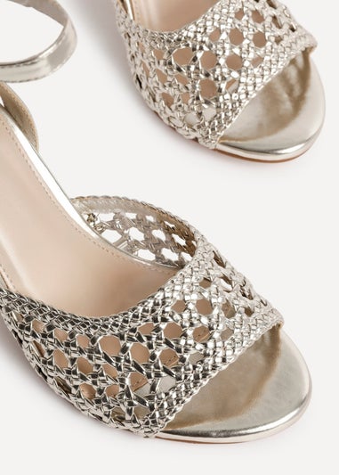 Linzi Bridget Gold Faux Leather Handwoven Block Heeled Sandals