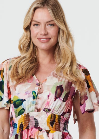 Izabel London Pink Floral Short Puff Sleeve Midi Dress