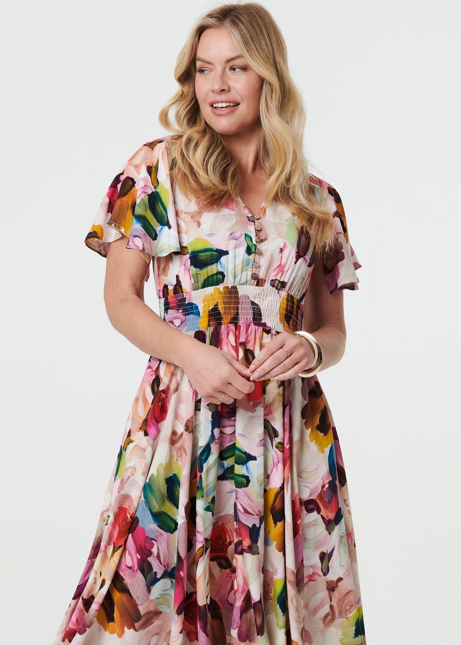 Izabel London Pink Floral Short Puff Sleeve Midi Dress