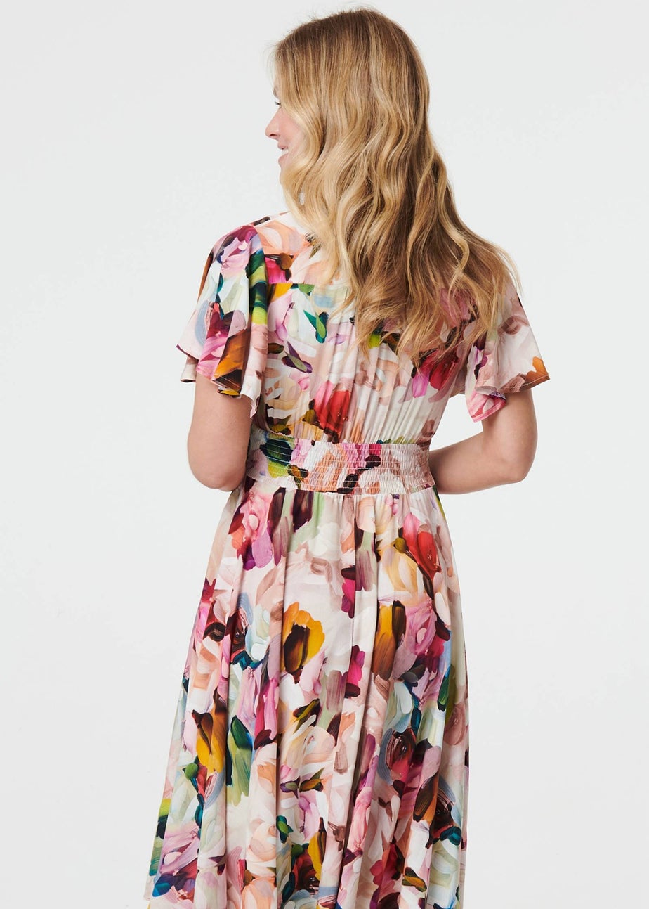 Izabel London Pink Floral Short Puff Sleeve Midi Dress
