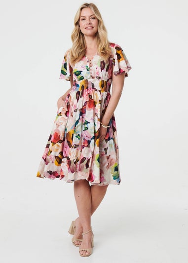 Izabel London Pink Floral Short Puff Sleeve Midi Dress
