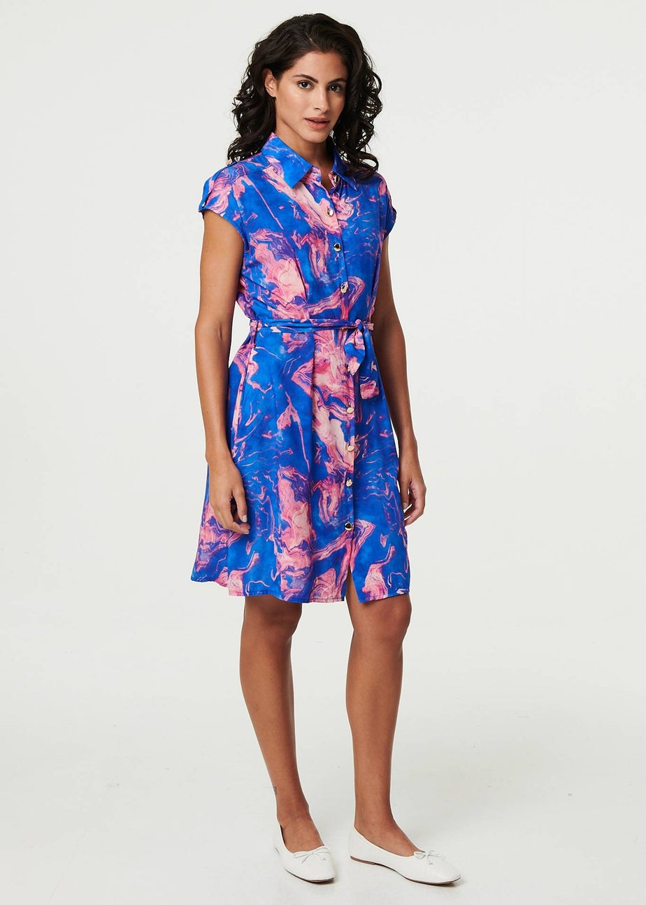 Izabel London Blue Marble Print Knee Length Shirt Dress
