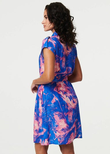 Izabel London Blue Marble Print Knee Length Shirt Dress