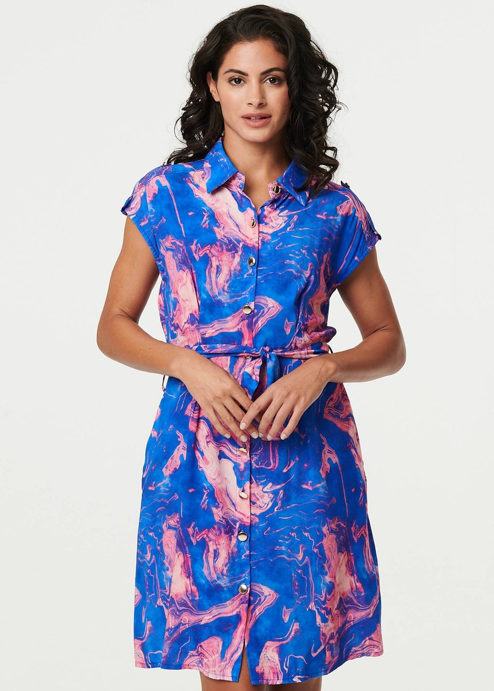 Izabel London Blue Marble Print Knee Length Shirt Dress