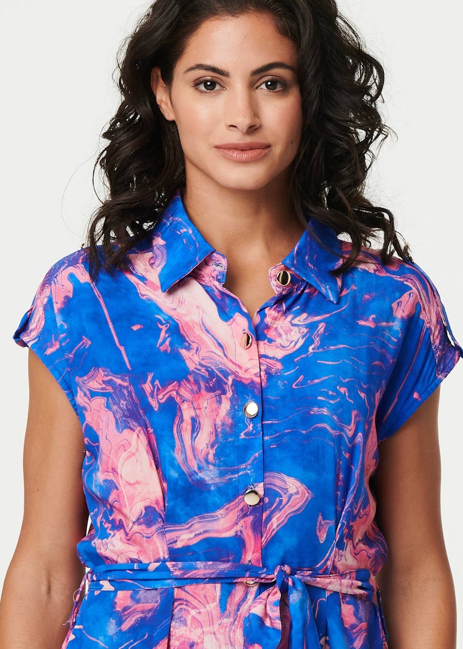 Izabel London Blue Marble Print Knee Length Shirt Dress