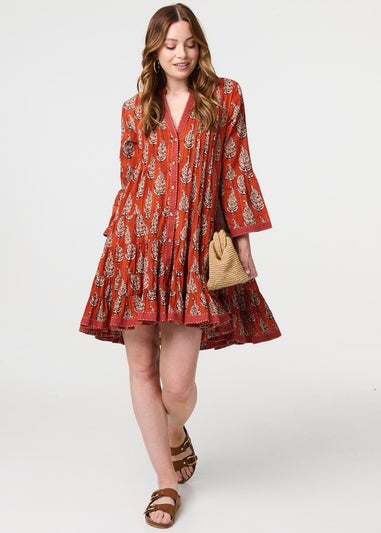 Izabel London Orange Feather Print Flare Sleeve Short Dress