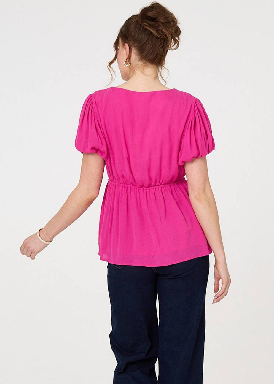 Izabel London Pink Ruched Short Puff Sleeve Peplum Blouse