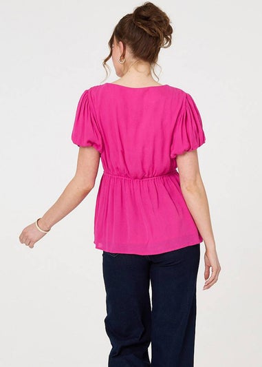 Izabel London Pink Ruched Short Puff Sleeve Peplum Blouse