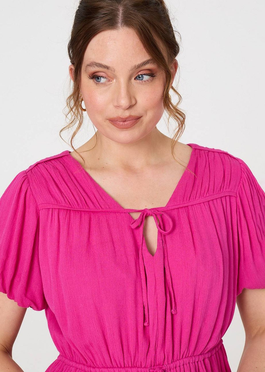 Izabel London Pink Ruched Short Puff Sleeve Peplum Blouse