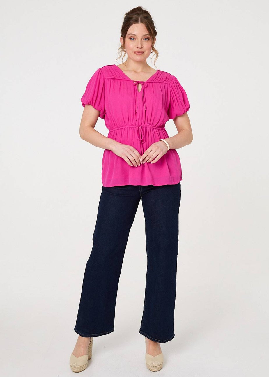 Izabel London Pink Ruched Short Puff Sleeve Peplum Blouse