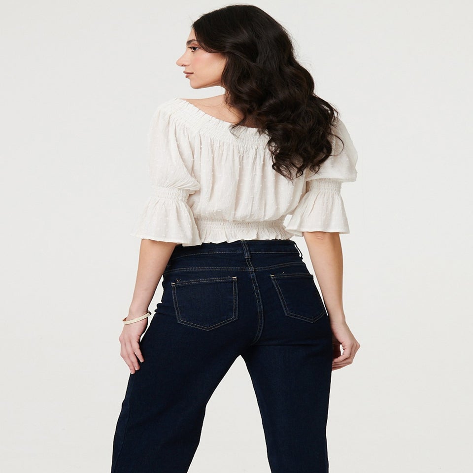 Izabel London White Textured Bardot Ruched Crop Top