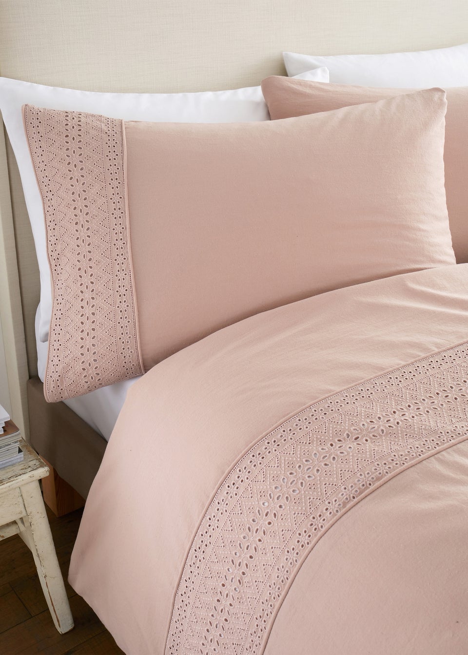 Catherine Lansfield Broderie Anglaise Duvet Cover Set Blush Pink