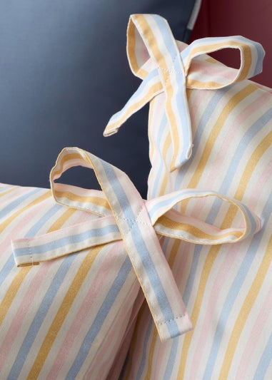 Catherine Lansfield Brighton Stripe Bow Trim Double Duvet Cover Set Pastel