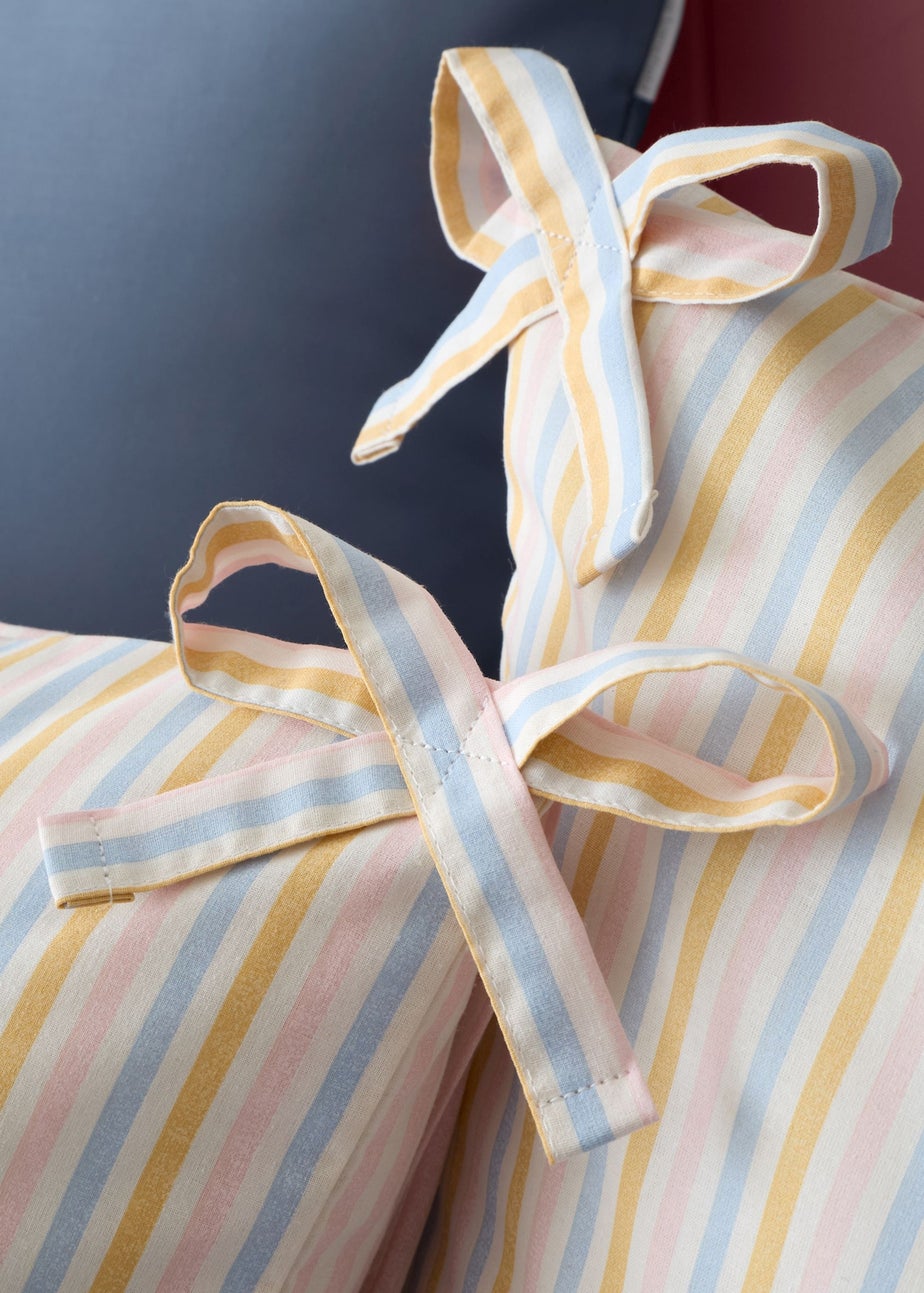 Catherine Lansfield Brighton Stripe Bow Trim Double Duvet Cover Set Pastel