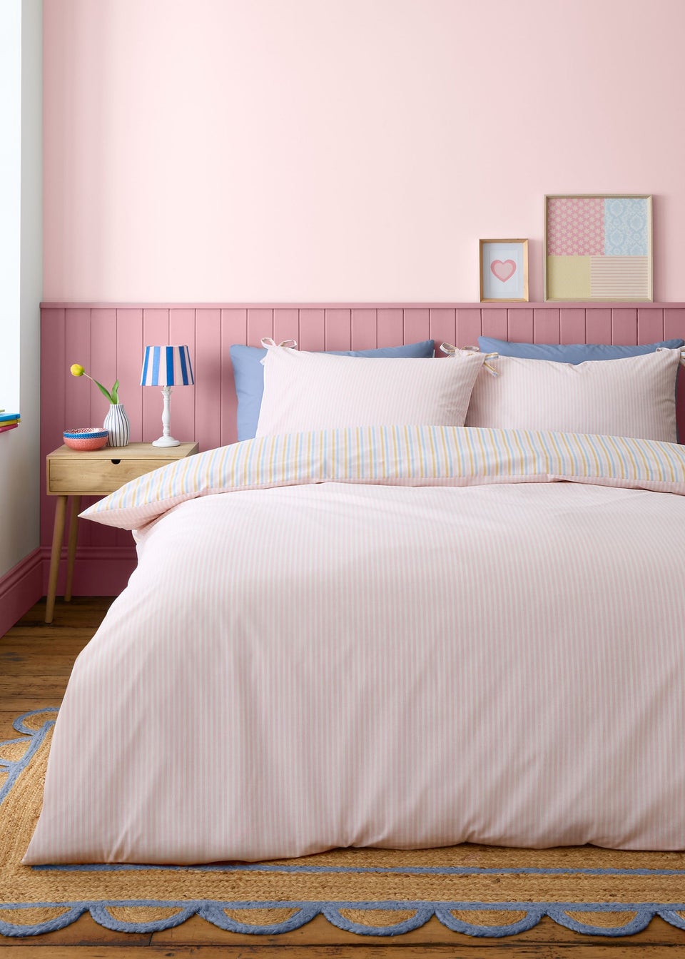 Catherine Lansfield Brighton Stripe Bow Trim Double Duvet Cover Set Pastel