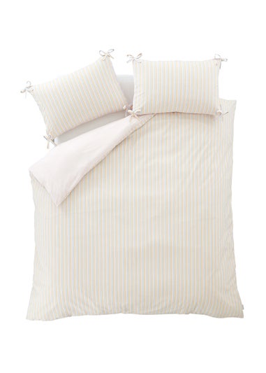 Catherine Lansfield Brighton Stripe Bow Trim Double Duvet Cover Set Pastel