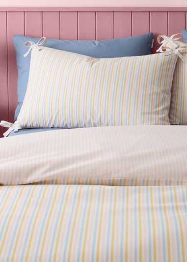 Catherine Lansfield Brighton Stripe Bow Trim Double Duvet Cover Set Pastel
