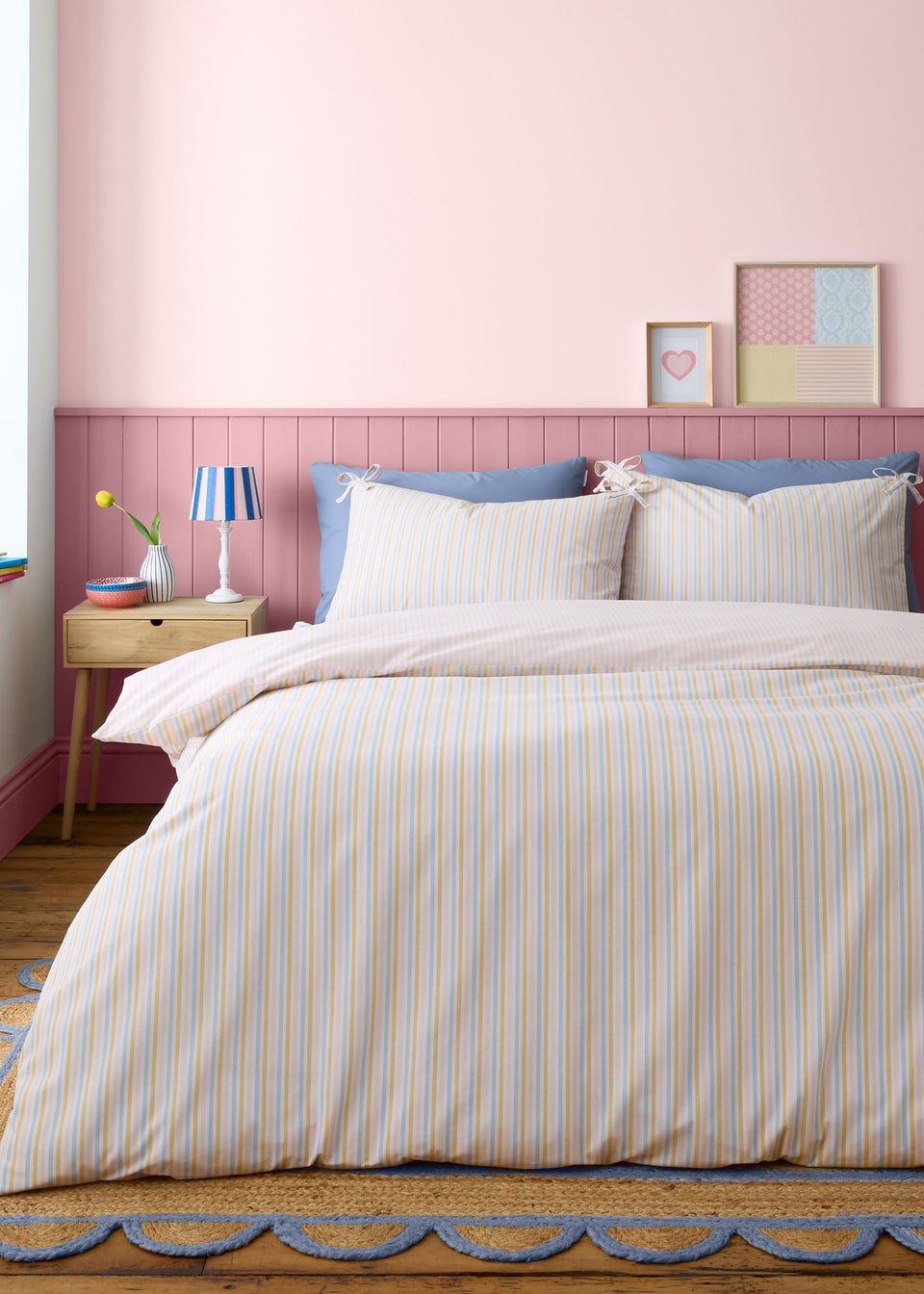 Catherine Lansfield Brighton Stripe Bow Trim Double Duvet Cover Set Pastel