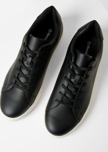 Threadbare Black Lace-Up Faux Leather Court Trainers