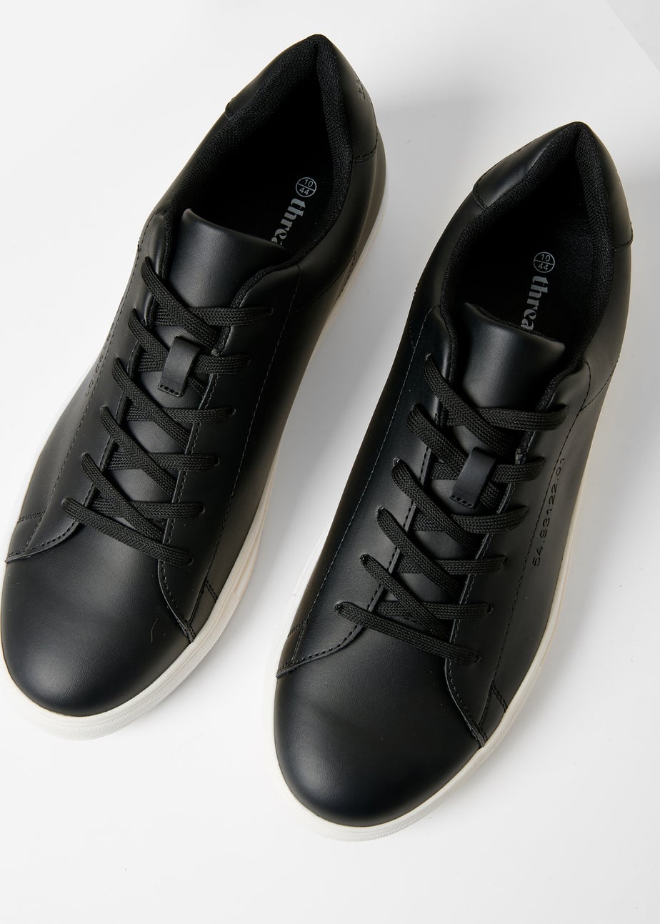 Threadbare Black Lace-Up Faux Leather Court Trainers