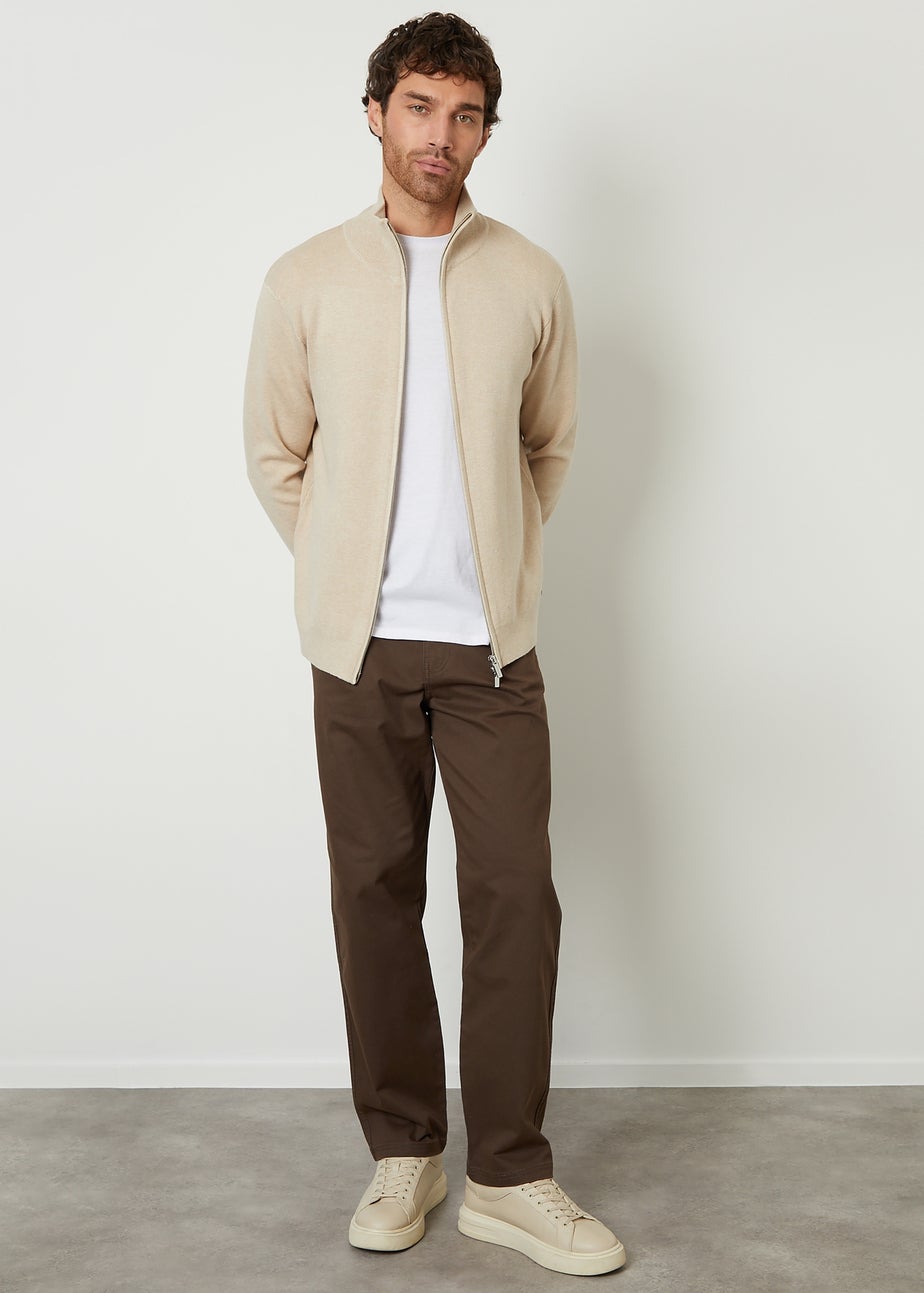 Threadbare Beige Wynnstay Zip-Through Funnel Neck Knitted Cardigan