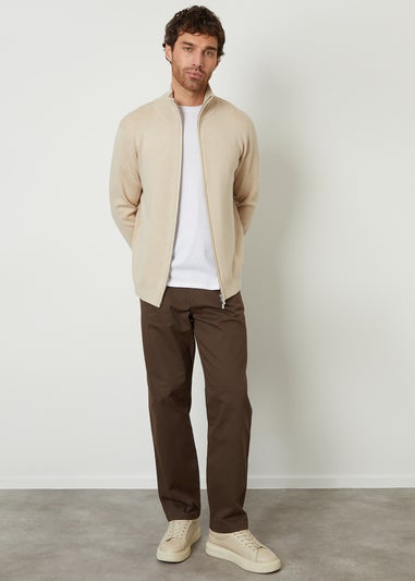 Threadbare Beige Wynnstay Zip-Through Funnel Neck Knitted Cardigan