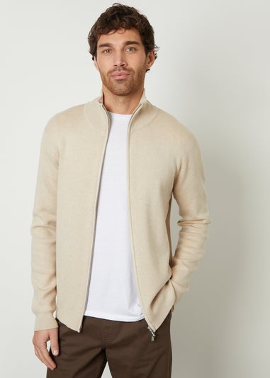 Threadbare Beige Wynnstay Zip-Through Funnel Neck Knitted Cardigan