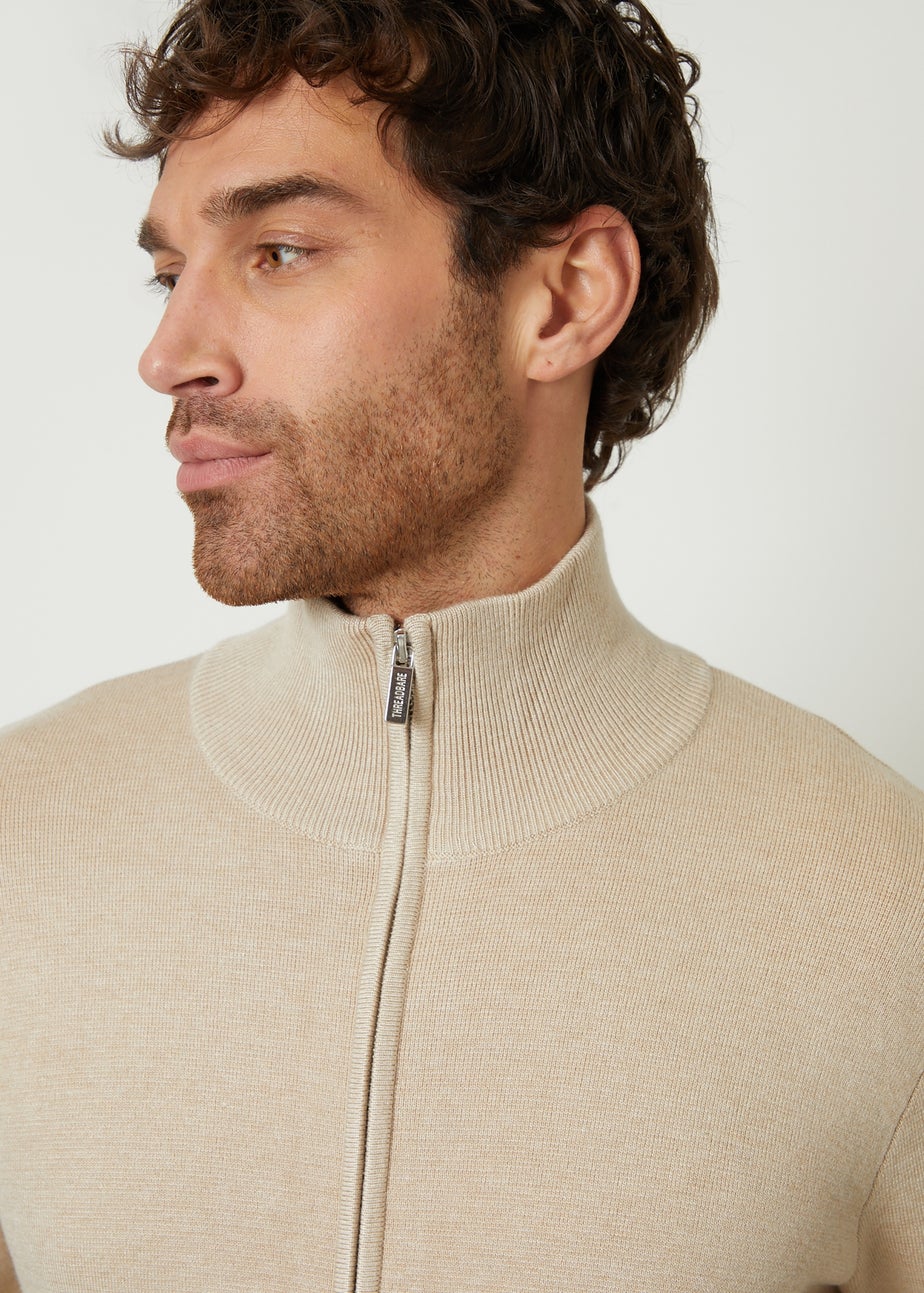 Threadbare Beige Wynnstay Zip-Through Funnel Neck Knitted Cardigan