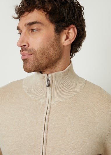 Threadbare Beige Wynnstay Zip-Through Funnel Neck Knitted Cardigan