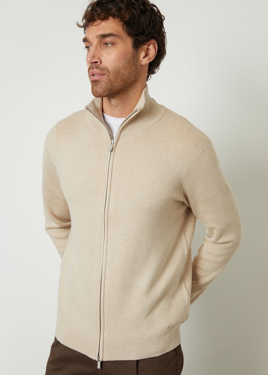 Threadbare Beige Wynnstay Zip-Through Funnel Neck Knitted Cardigan