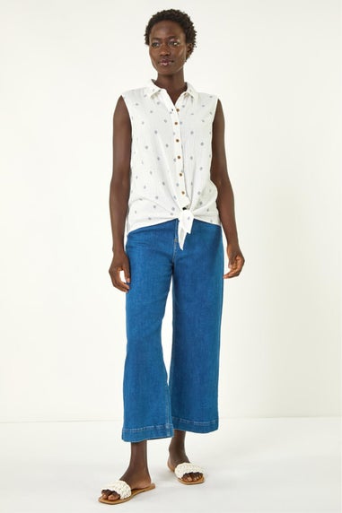 Roman Ivory Embroidered Tie Hem Blouse