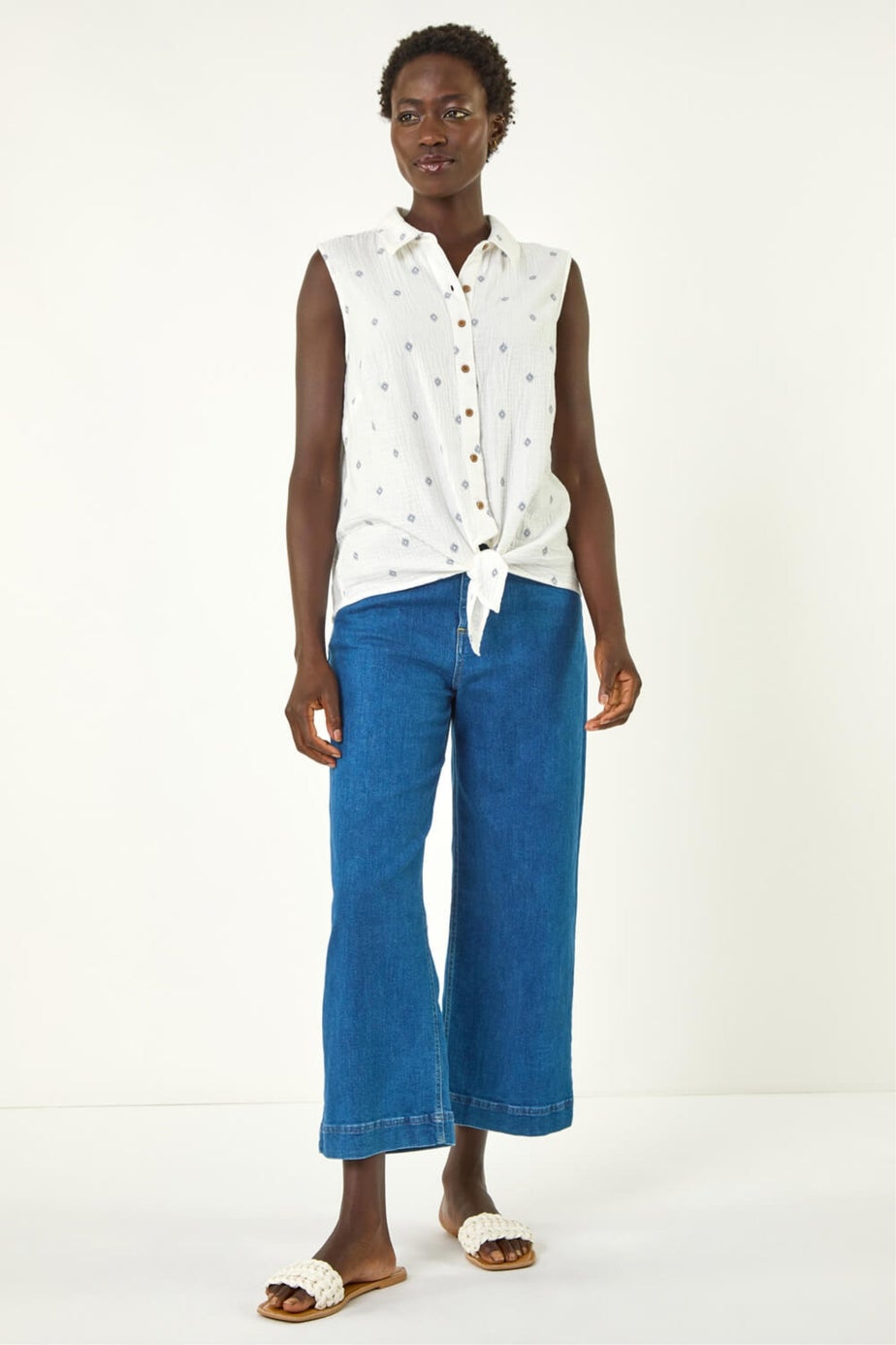 Roman Ivory Embroidered Tie Hem Blouse