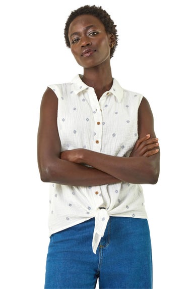 Roman Ivory Embroidered Tie Hem Blouse