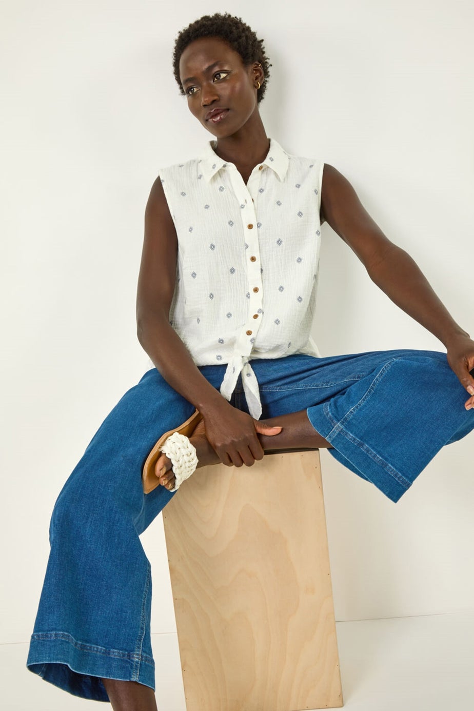 Roman Ivory Embroidered Tie Hem Blouse