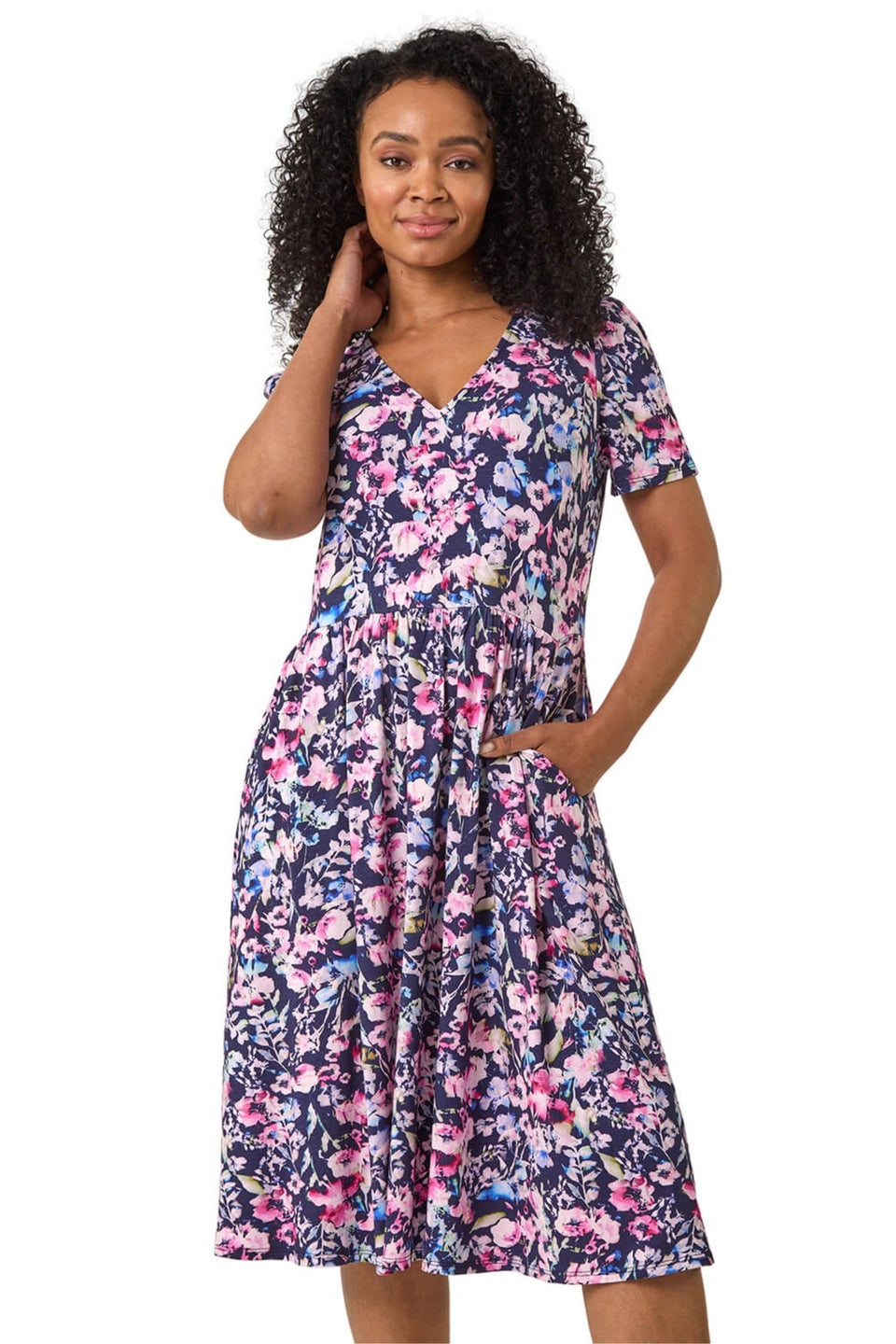 Roman Navy Petite Floral Pocket Midi Dress