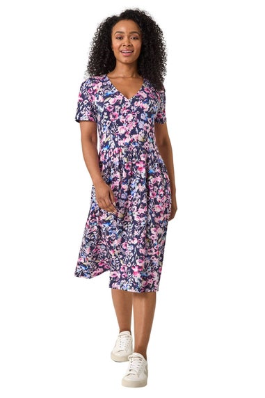 Roman Navy Petite Floral Pocket Midi Dress
