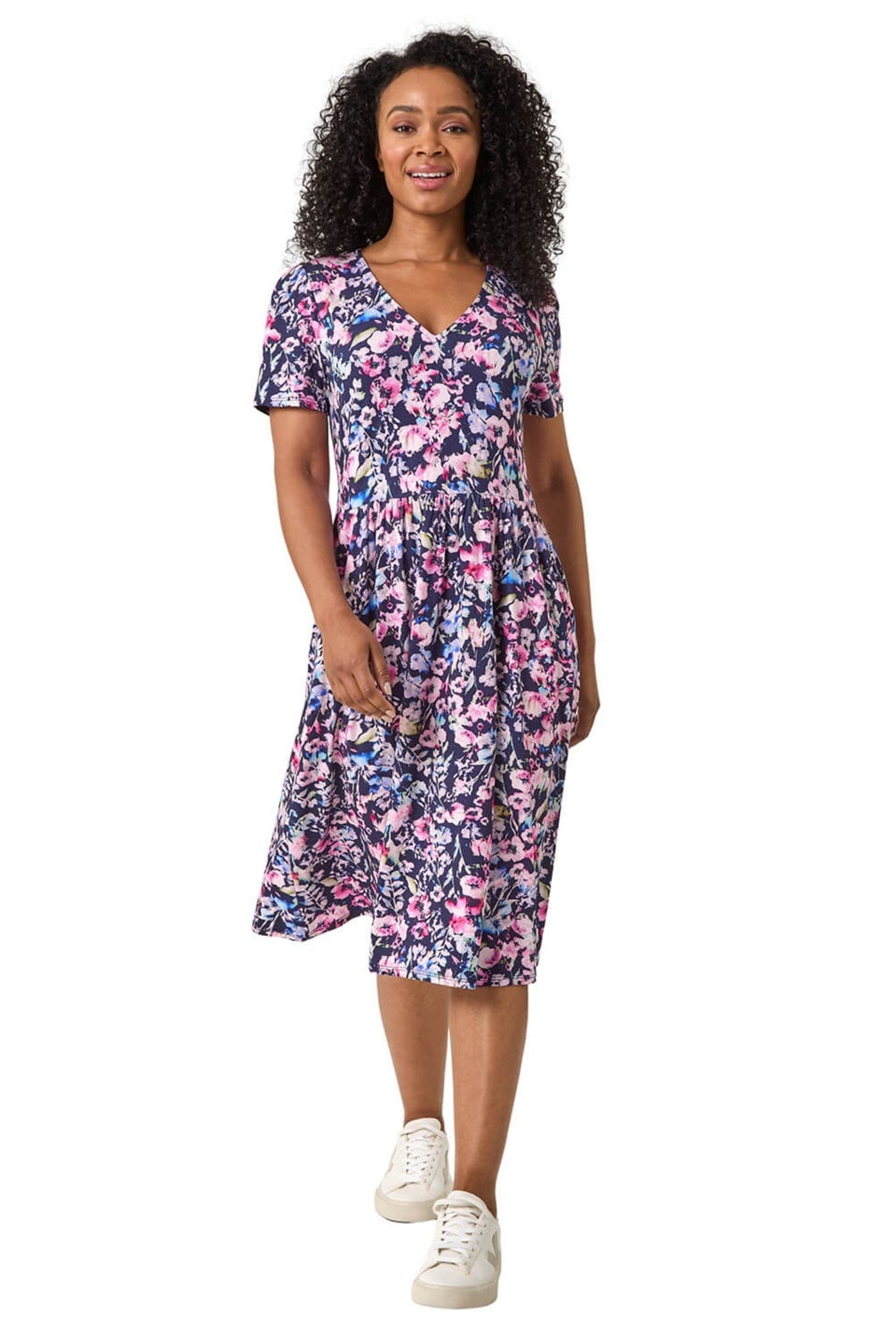 Roman Navy Petite Floral Pocket Midi Dress