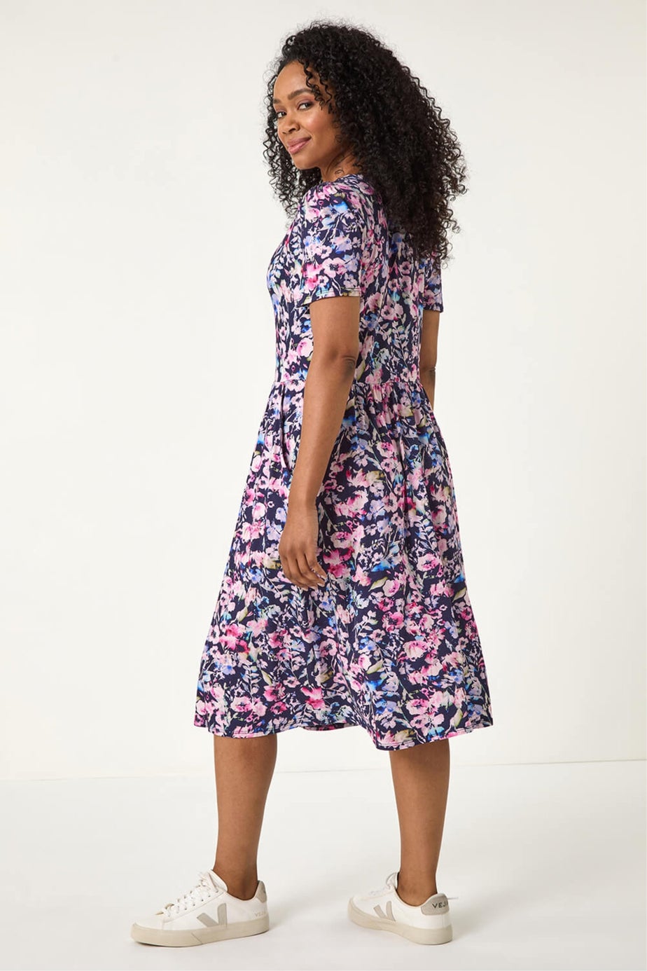 Roman Navy Petite Floral Pocket Midi Dress