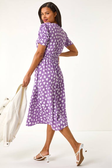 Roman Lilac Heart Print Ruched Midi Dress